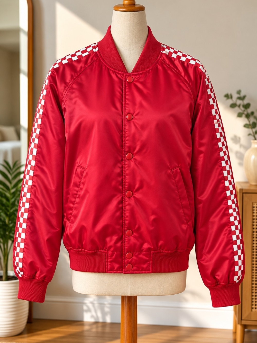21Men Red Satin Bomber Jacket with White Checker Stripe